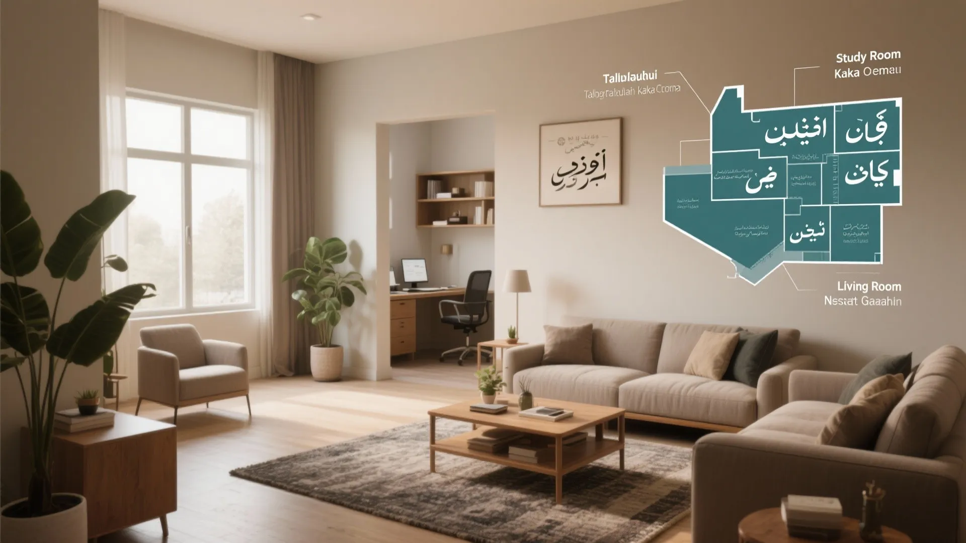 Modern living room rendering with beige sofa coffee table and floor plan overlay with labels