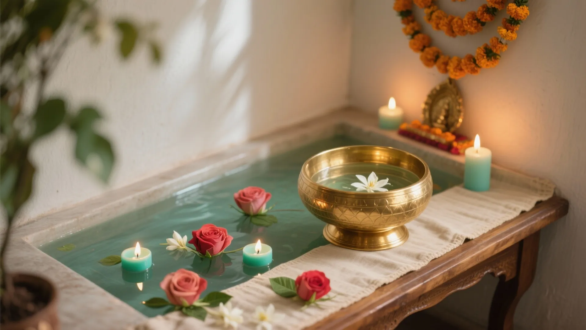 Urli Bowls with Floating Blooms and Tealights