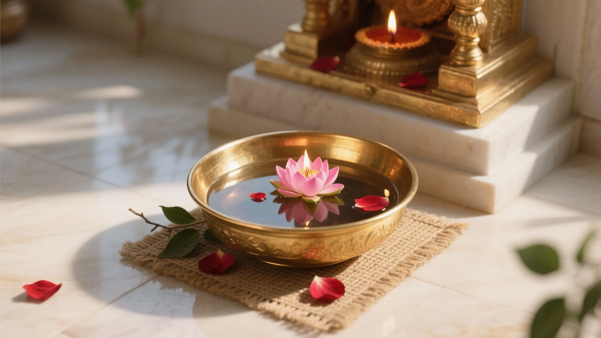Pink lotus flower floating in a brass water bowl with red petals and natural sunlight