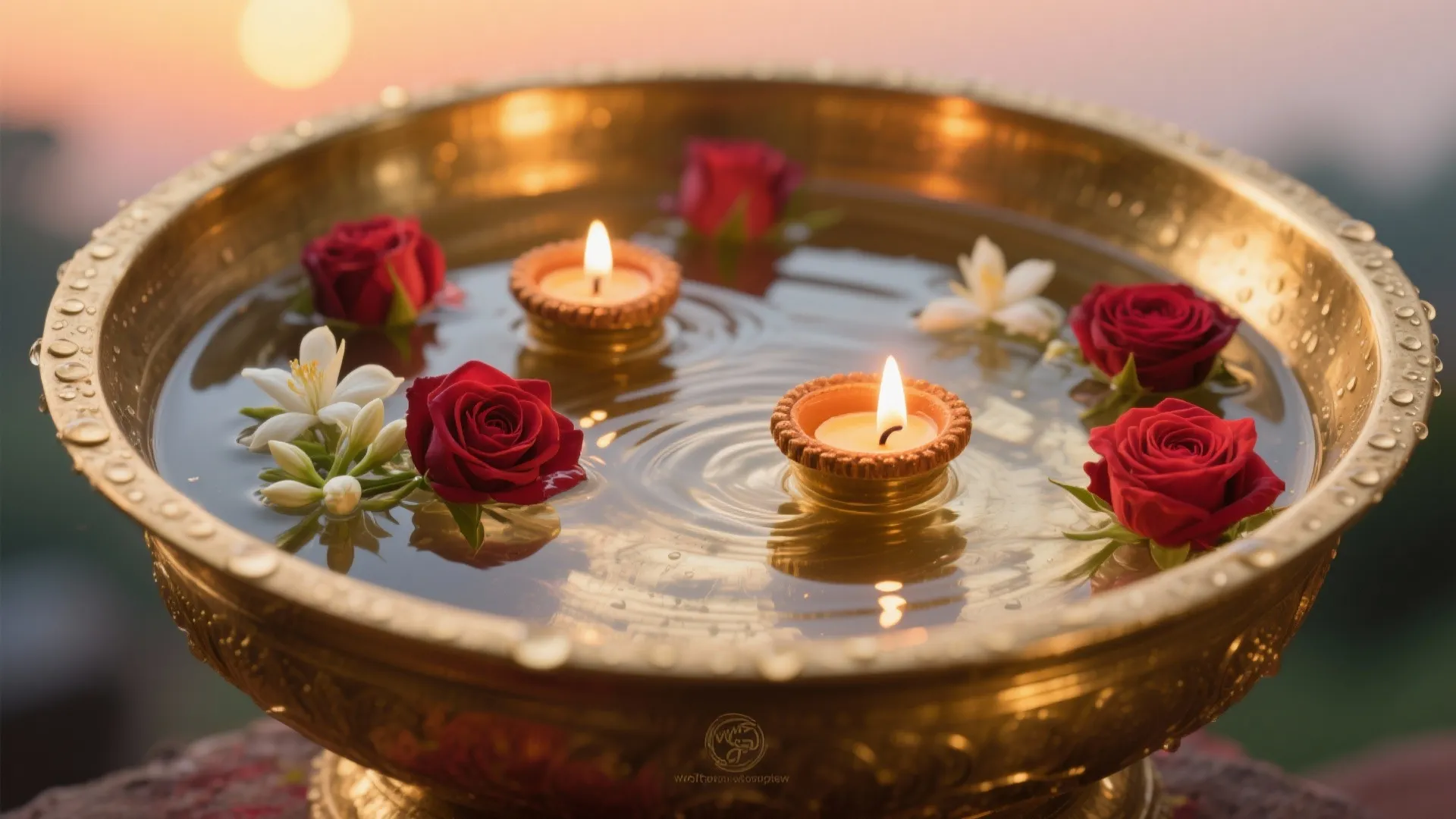 Brass Urli with Floating Flowers and Diyas