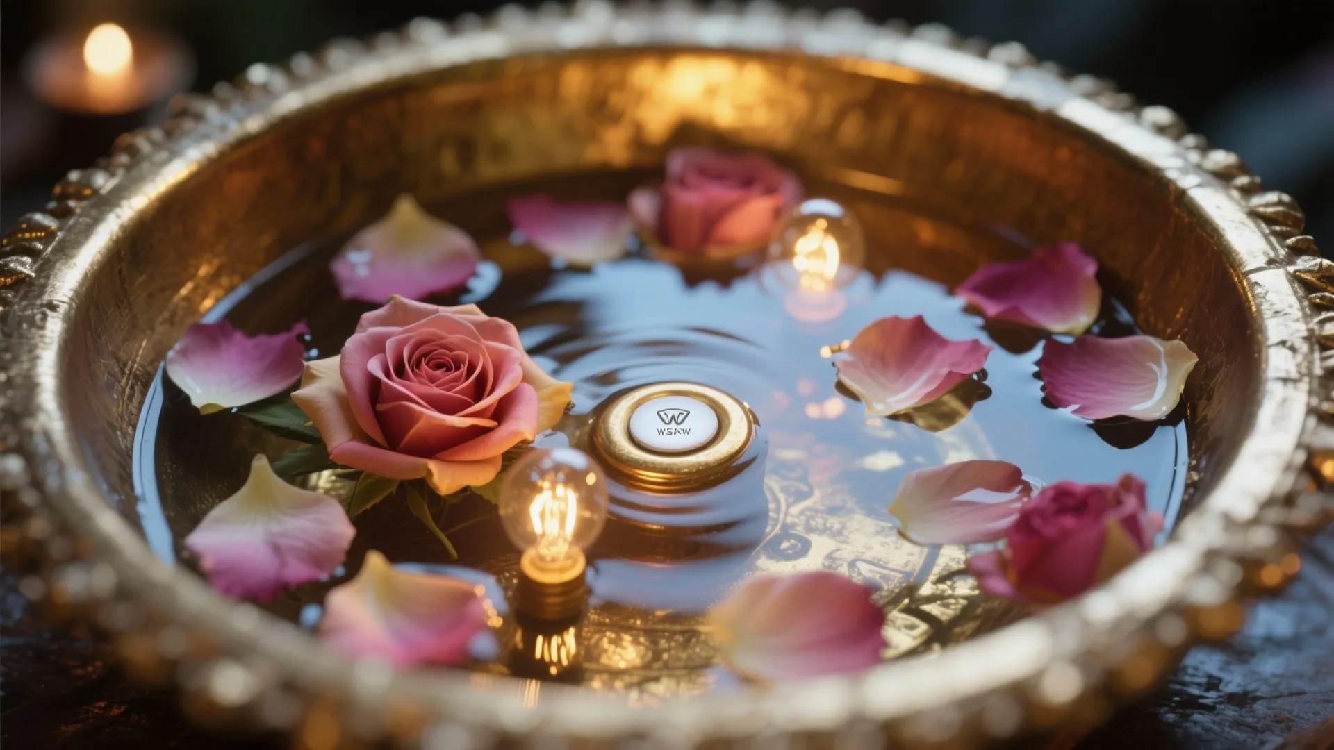 Macro of brass urli with water and petals glowing from a hidden puck LED.