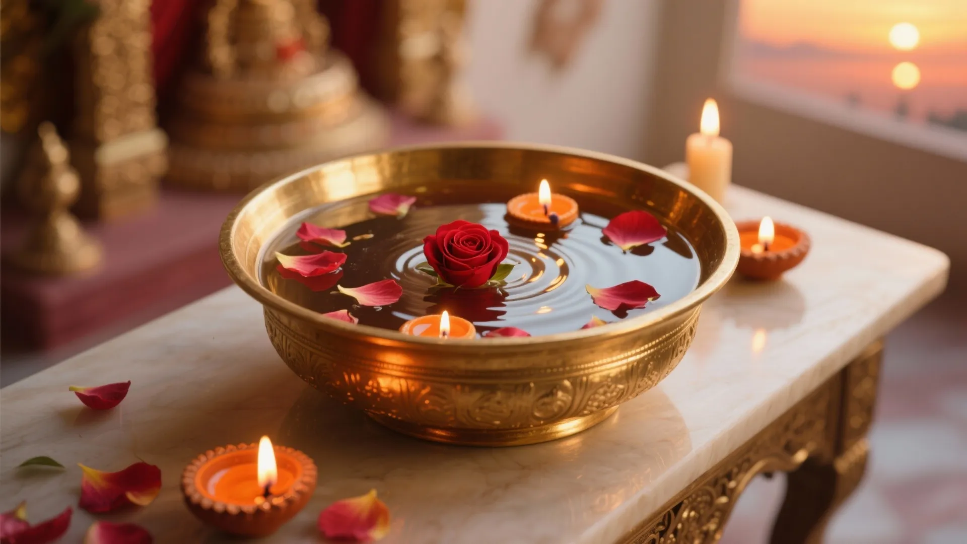 Urli Centerpieces with Floating Petals and Diyas