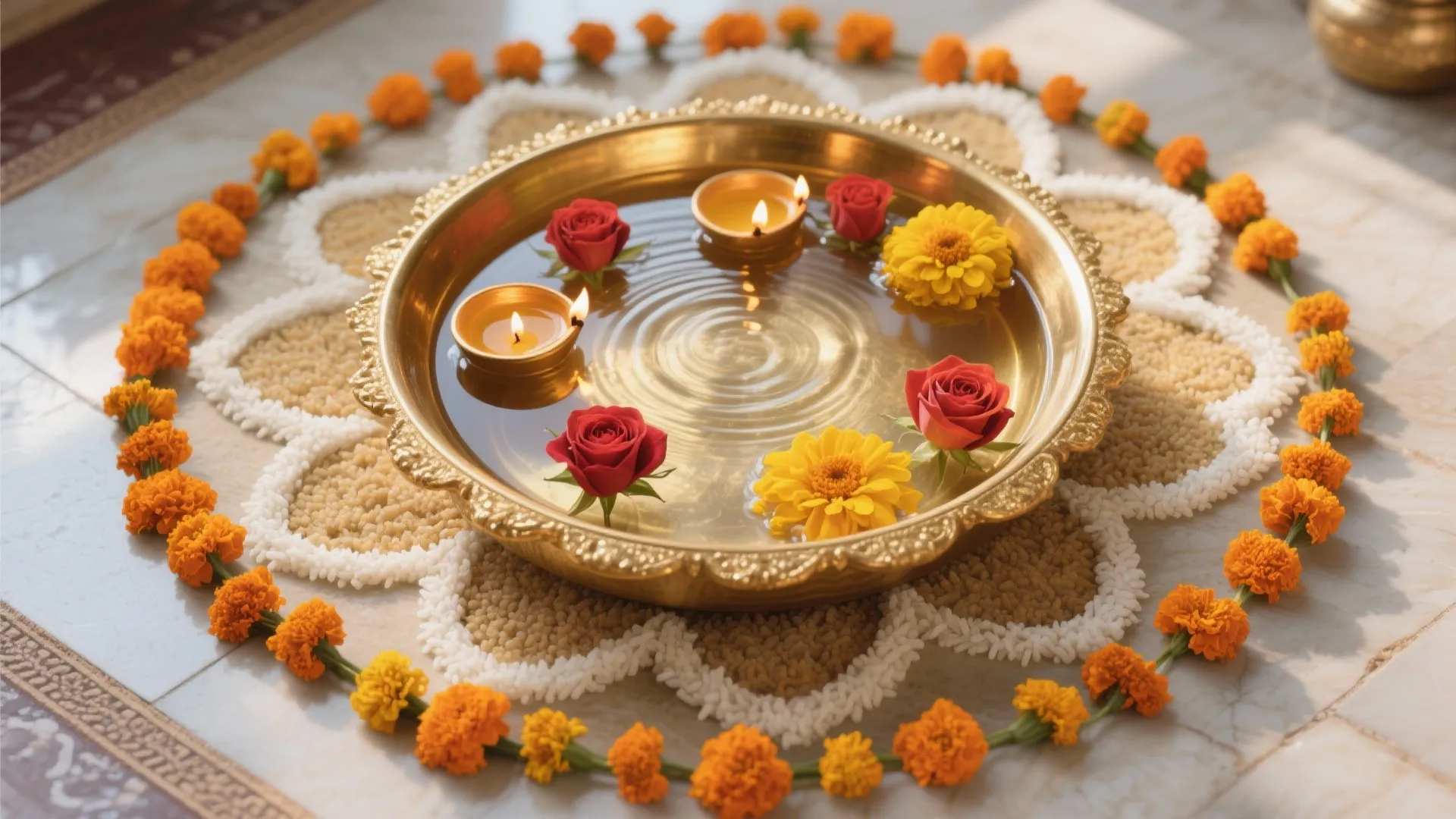 Brass Urli with Layered Rangoli and Floating Diyas