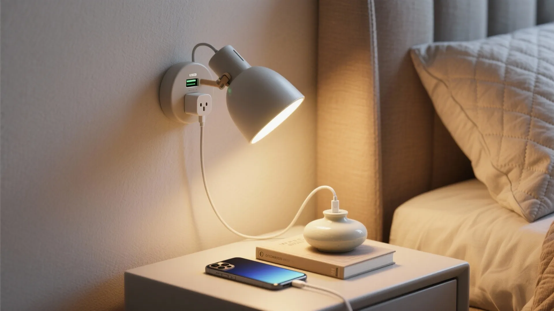 Modern white wall light with built-in power outlet and USB port charging a mobile phone