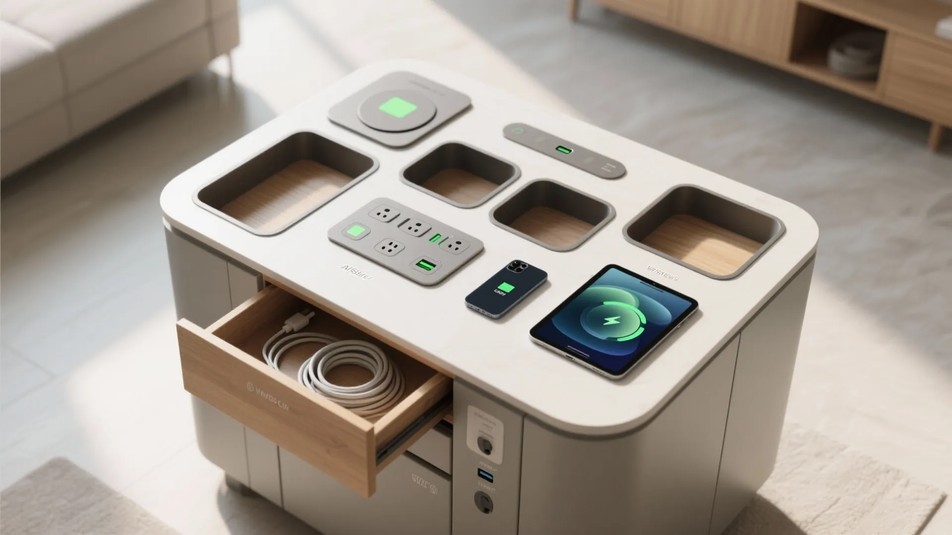 Top-down view of an island tech hub with integrated USB-C ports, charging plate and cord drawer.
