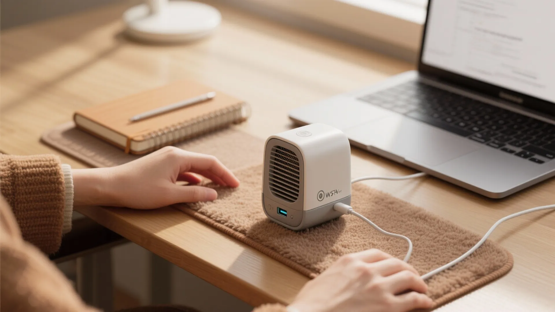 Small white ceramic desk heater plugged into laptop with person hands on a wooden desk