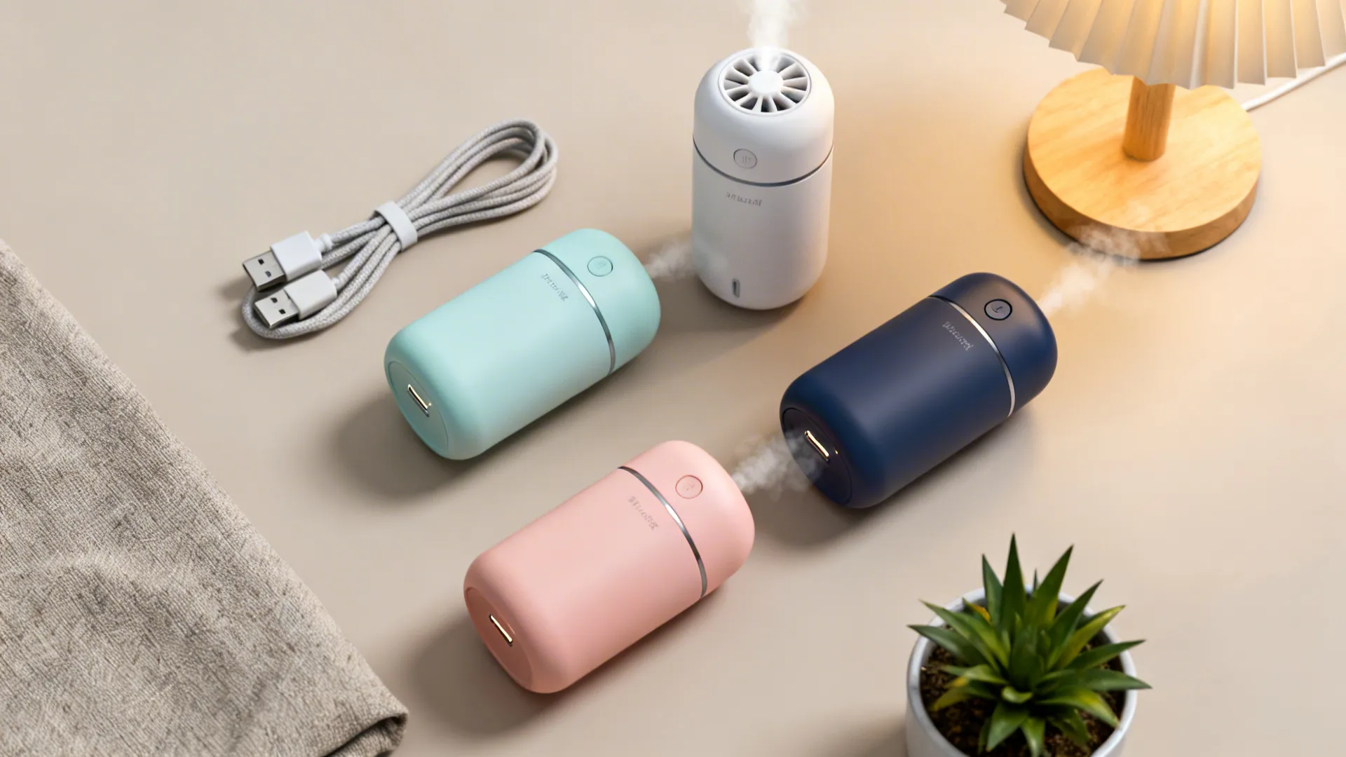 Top-down flatlay of USB portable humidifiers with cable and a small plant