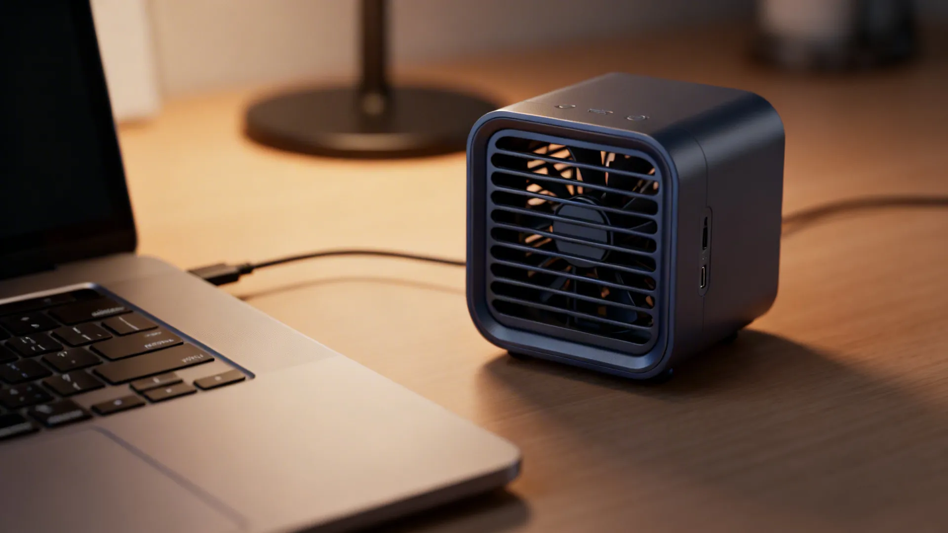 Macro shot of a quiet USB-powered mini cooler on a desk next to a laptop