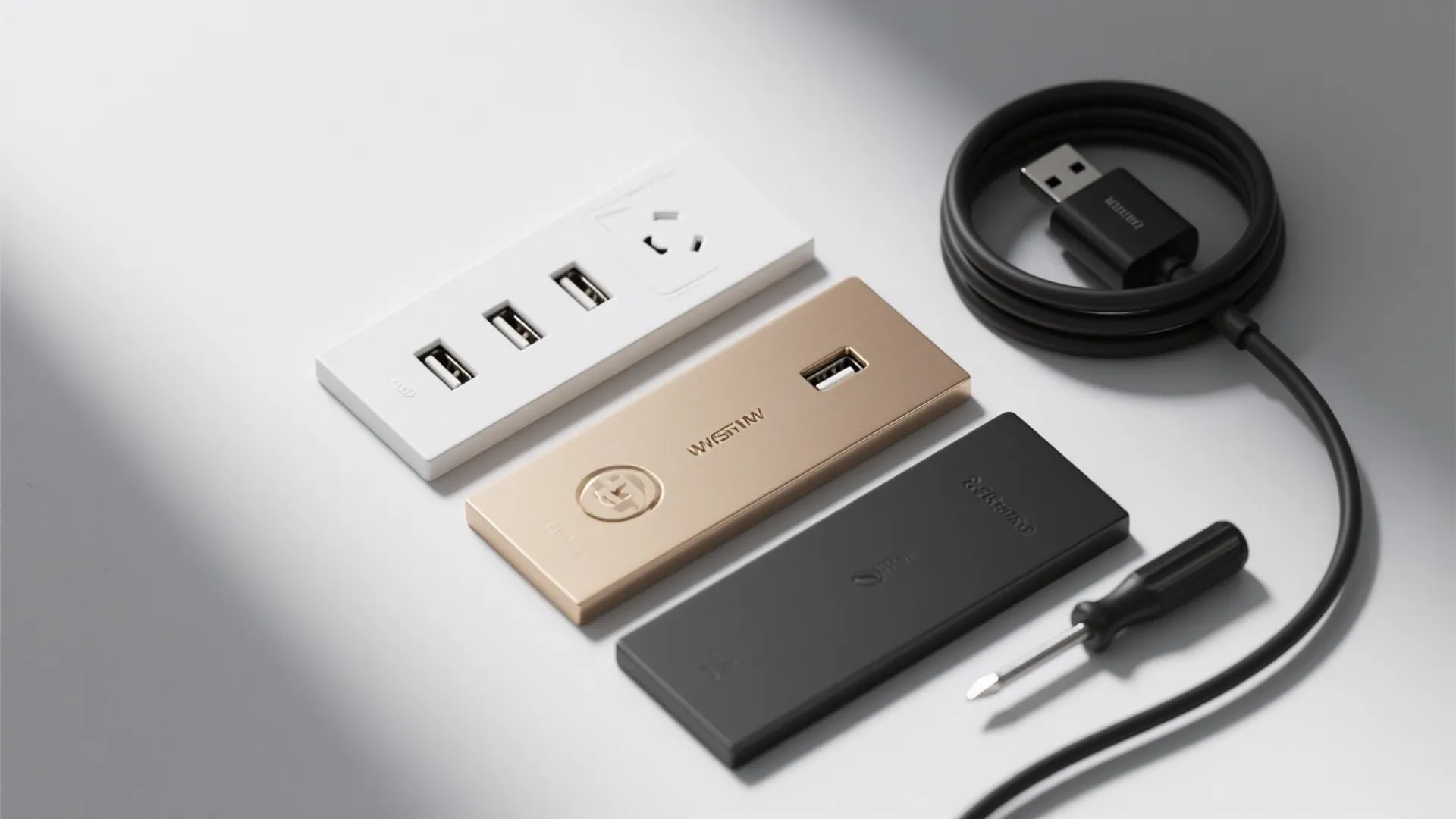 Flatlay of plate-style mounting faceplates with integrated USB ports in various finishes