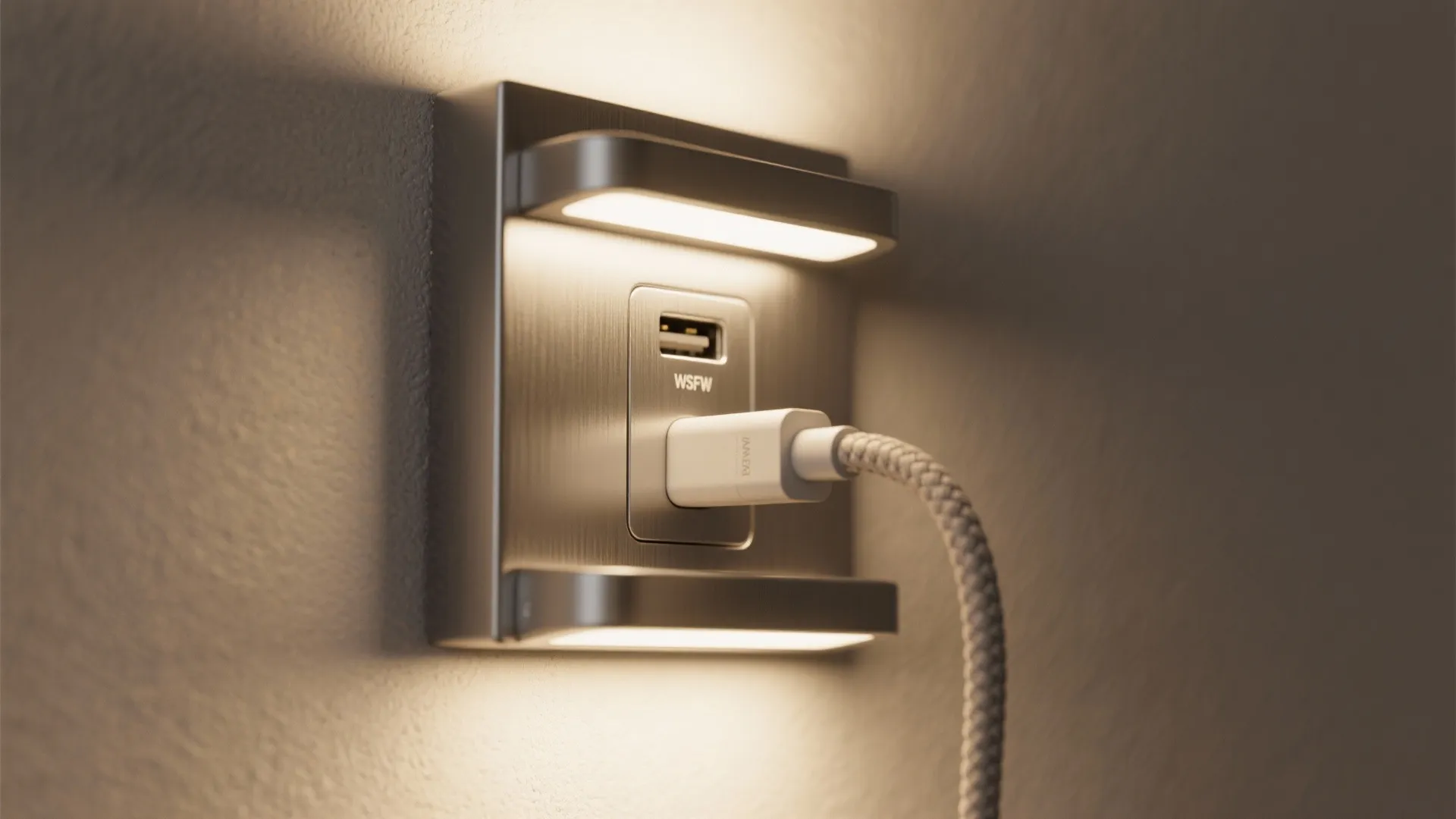Modern metal wall light fixture with charging usb port and white cable on a wall