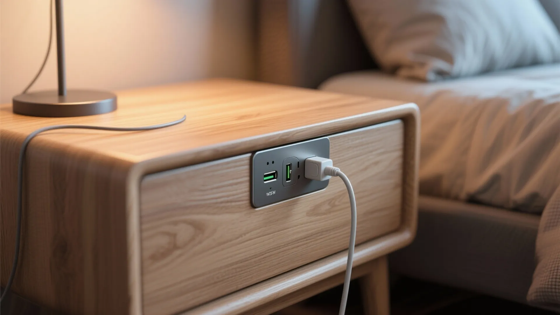 Bedside table with hidden USB and power outlets in warm light