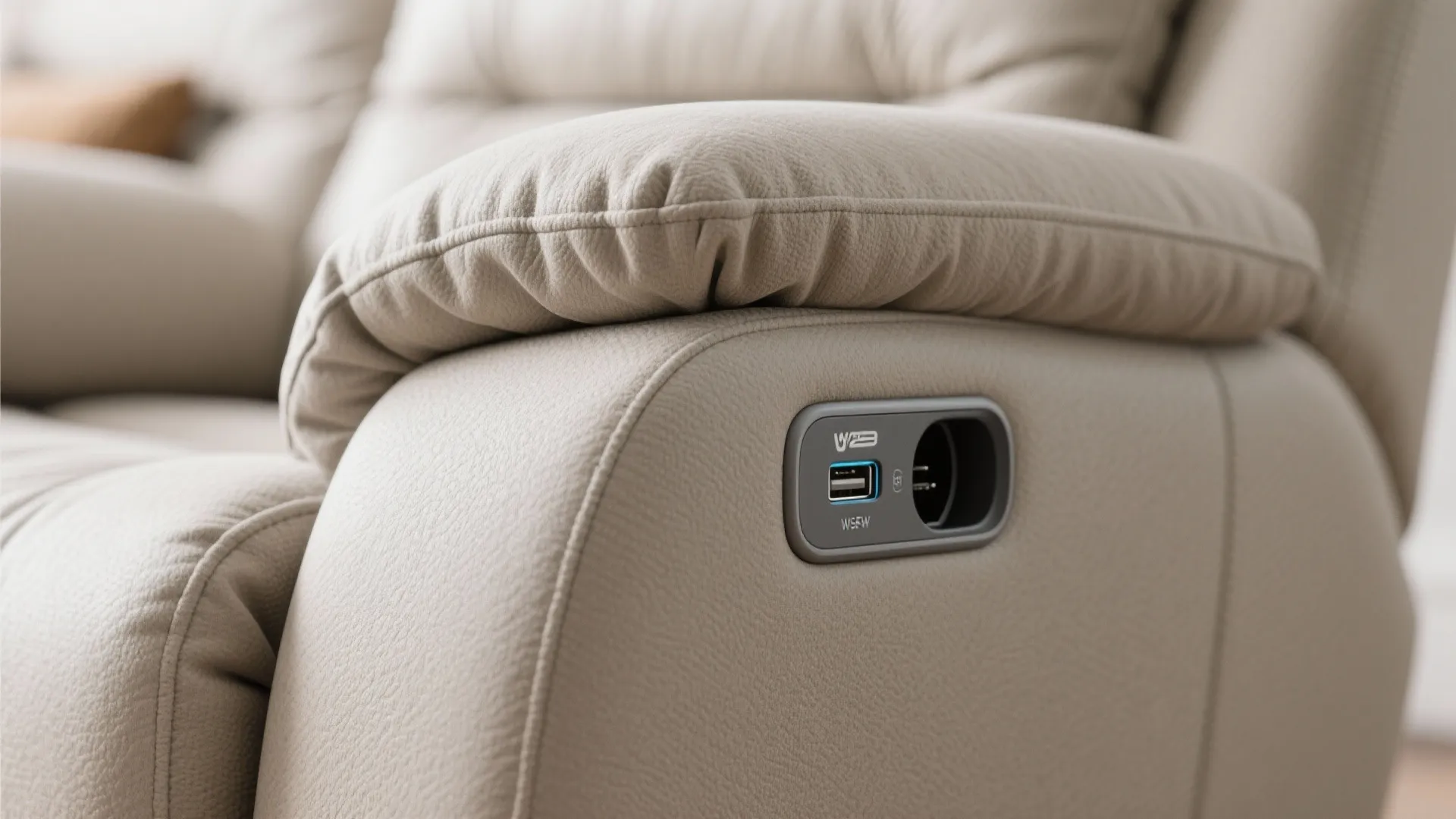 Detail of recliner armrest with built-in USB port