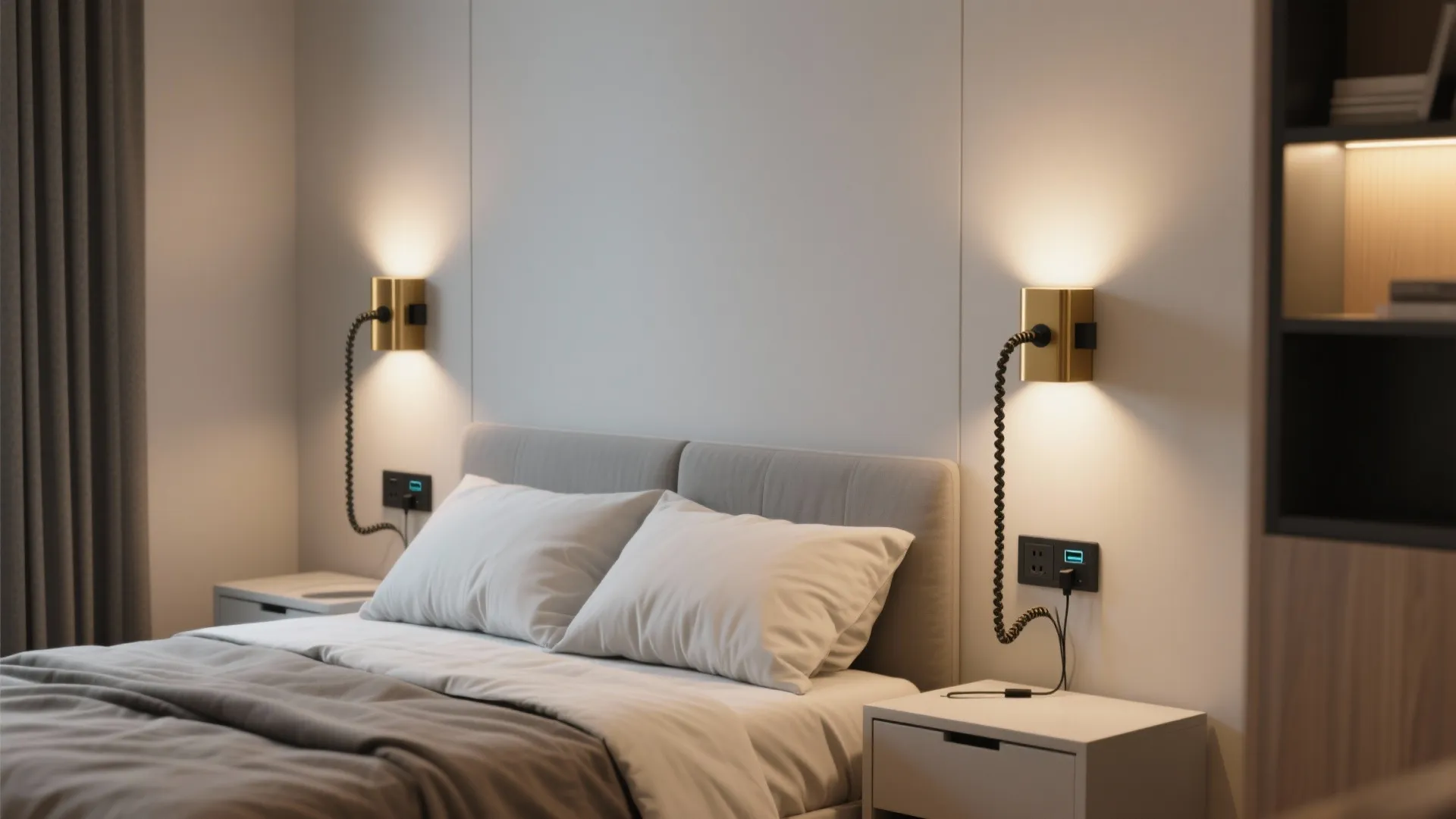Modern bedroom with two gold wall lights over white pillows and bedside tables with usb ports