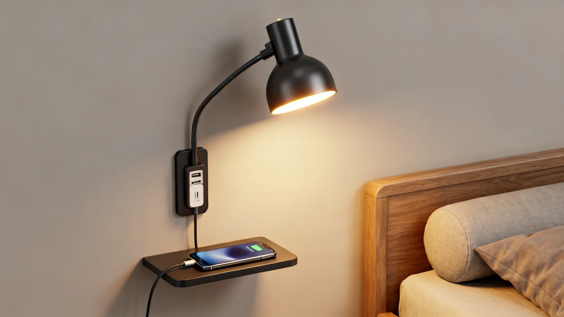 Black wall light with USB port charging a smartphone on a small shelf near a bed