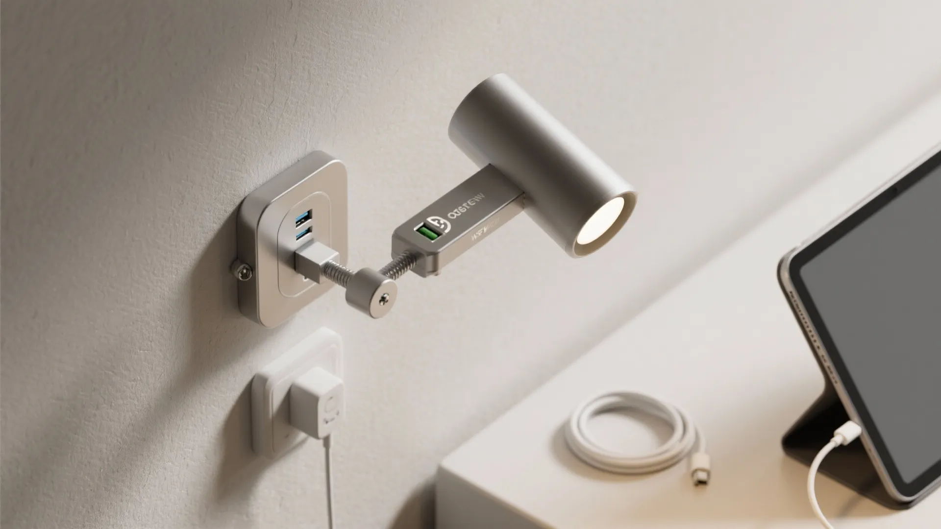 Small grey adjustable reading light plugged into a wall power outlet with useful USB charging ports