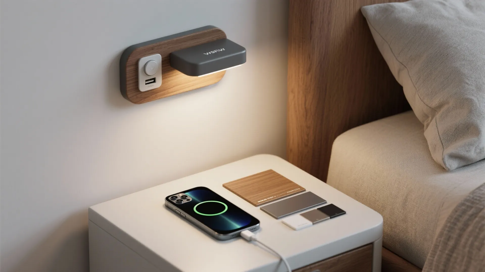 Modern wall light with wood panel and charging port above white nightstand with charging smartphone