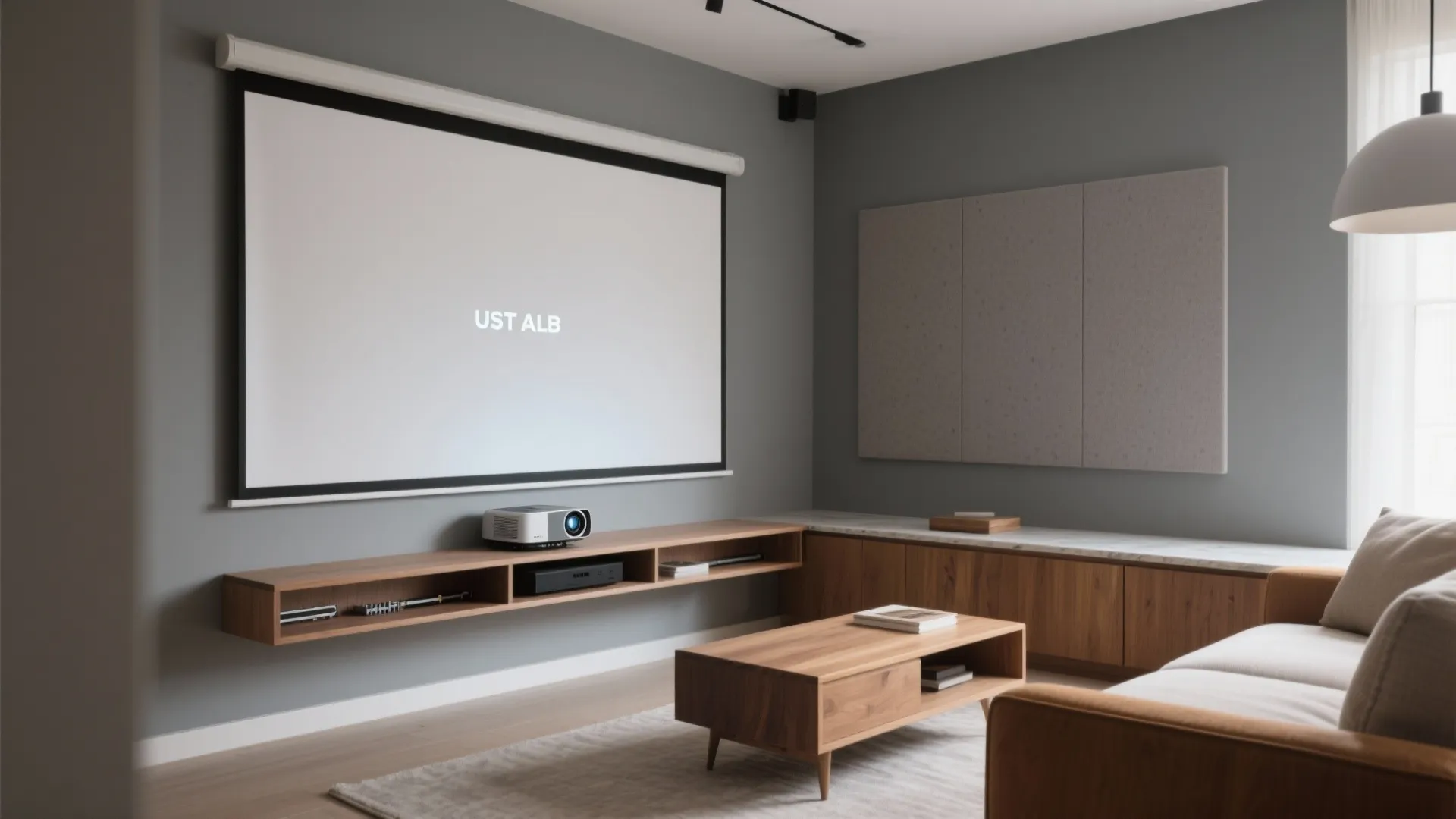 1) Minimal wall-mounted screen with an ultra-short-throw setup