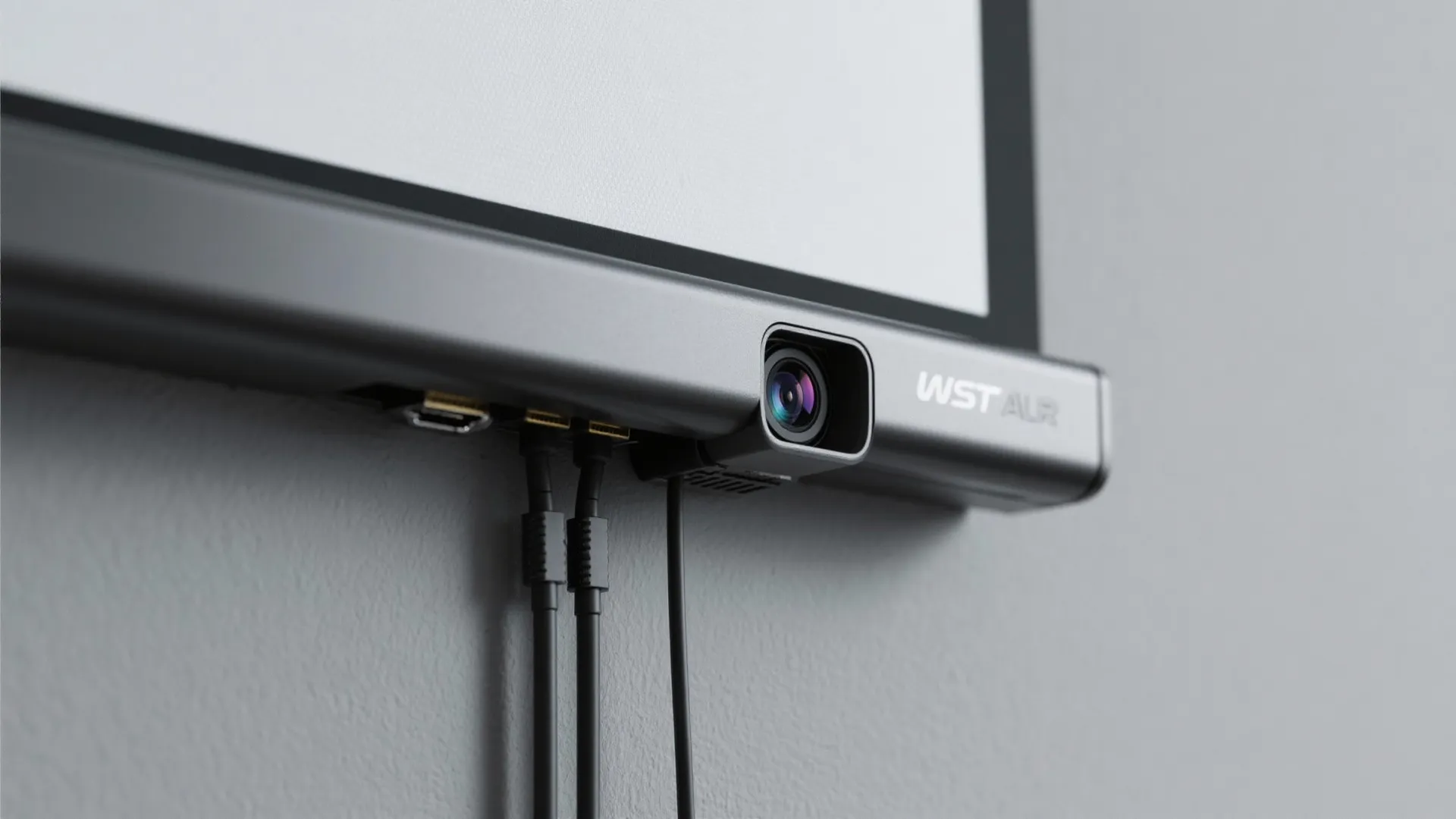 1) Minimal wall-mounted screen with an ultra-short-throw setup