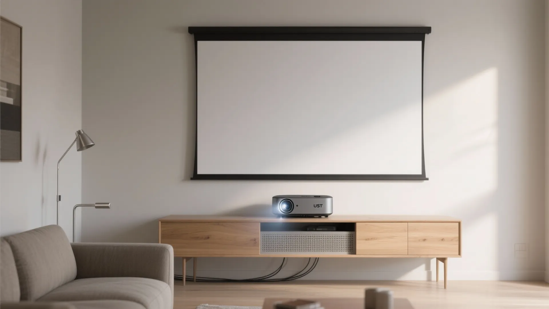 Minimalist living room setup with a projector on wooden cabinet below a large white screen