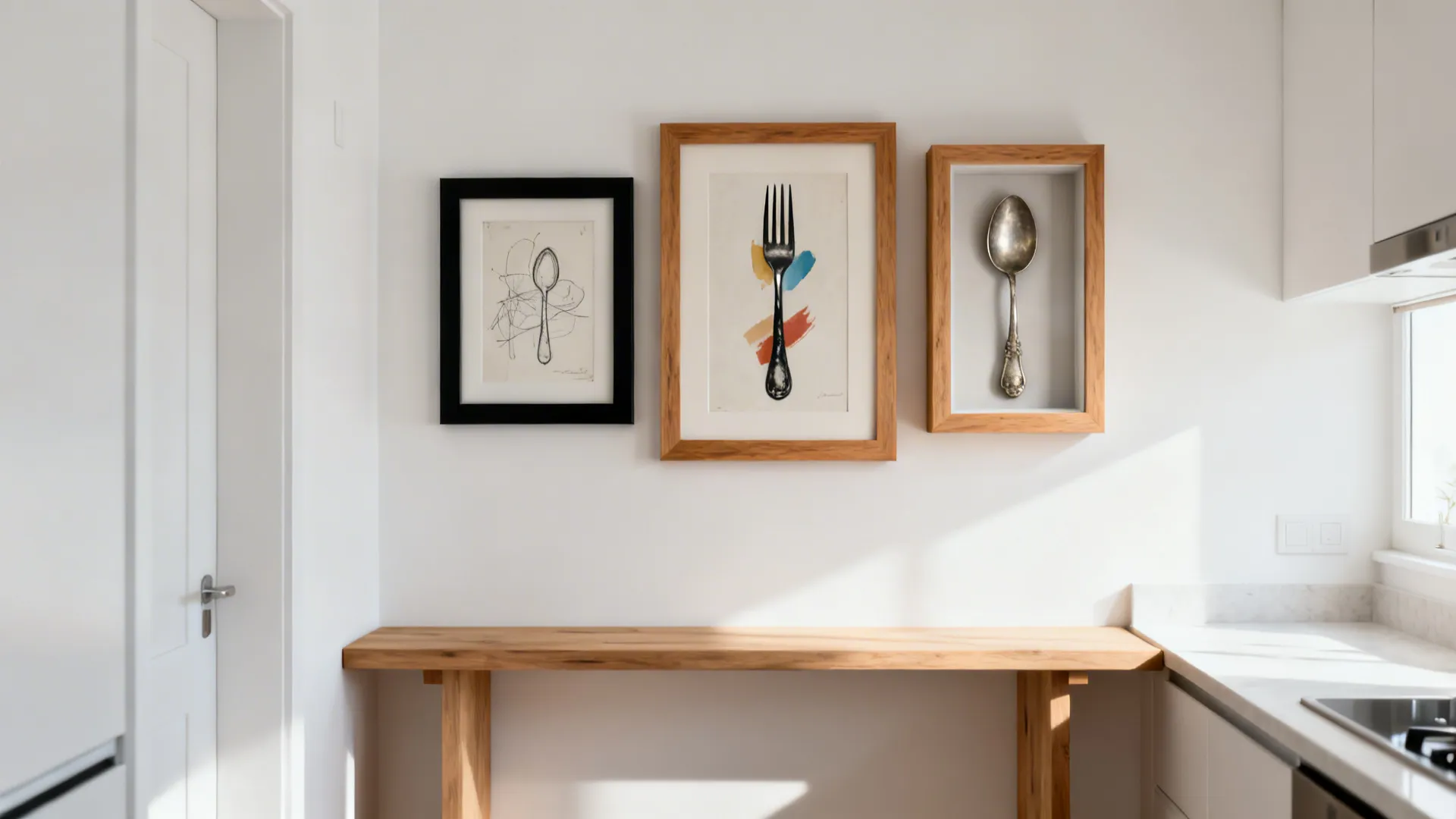 Utensil-themed gallery wall mixing sketches, a pewter spoon set, and a colorful fork silhouette.