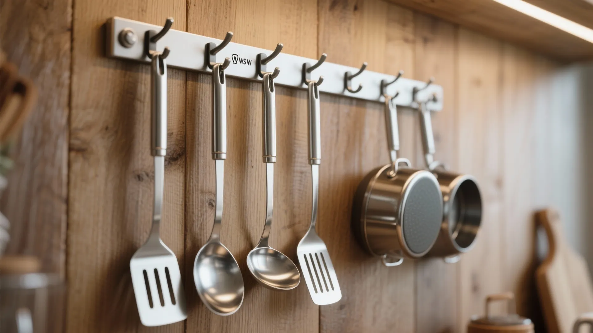 Metal hooks hanging on a wood wall panel holding silver kitchen cooking spoons and pots