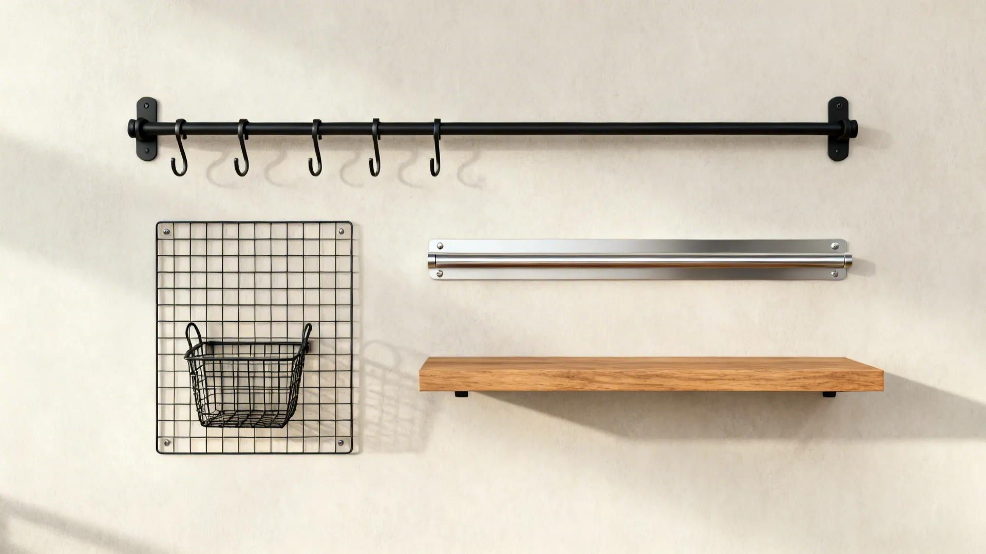 Top-down set of rail, magnetic bar, grid basket, under-cab rail, and oak shelf samples.