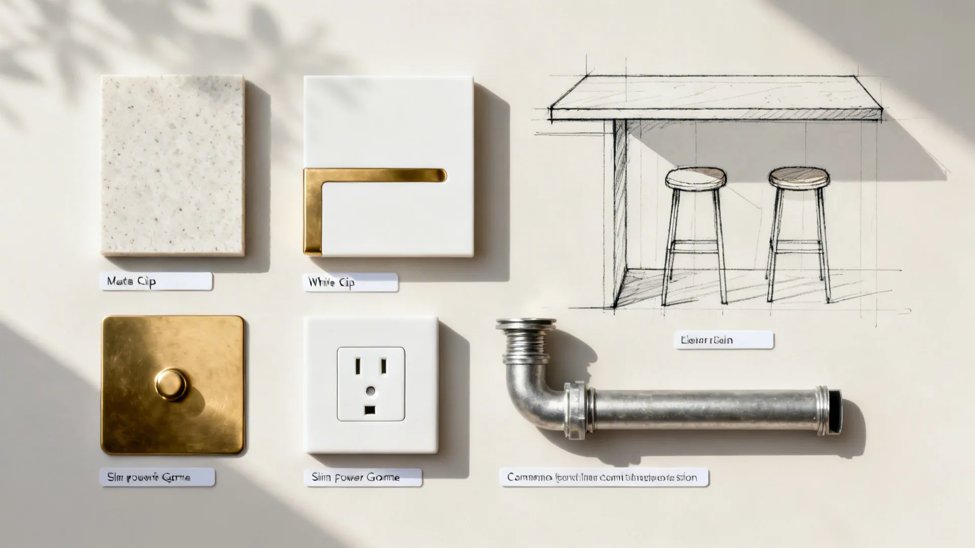 Flat lay of island planning materials with quartz, finishes, outlet hardware, and compact plumbing components.