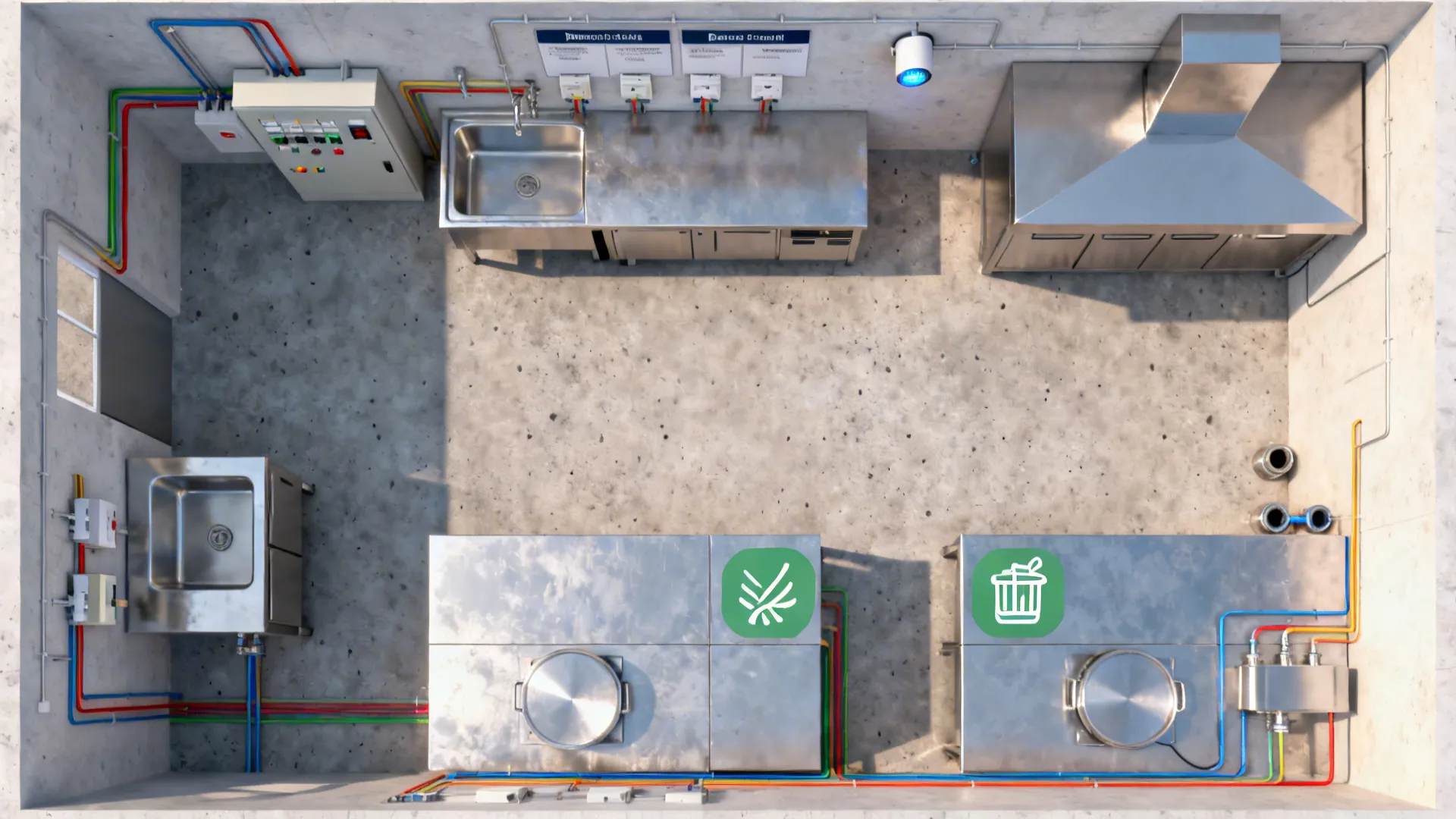 Overhead utility plan showing spare breakers, capped gas and water lines, and efficient ventilation sensors in a compact kitchen.