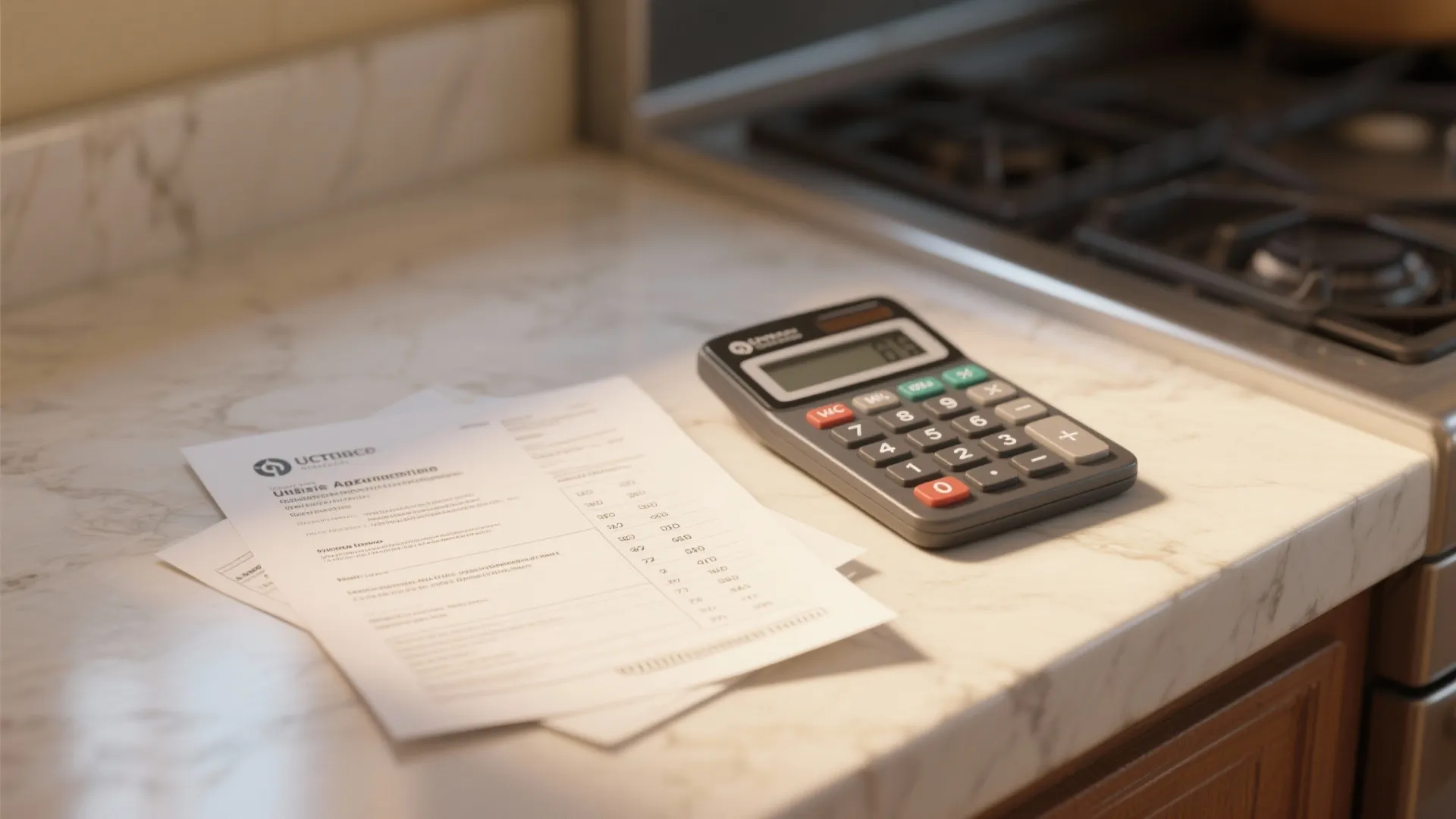 Utility bill and calculator on a counter next to a utility allowance form representing tenant vs landlord-paid utilities.