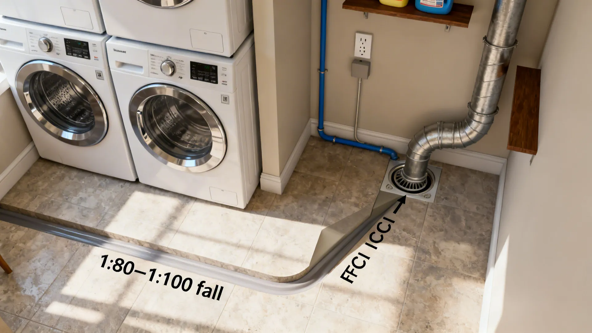 Top-down utility layout showing drain slope, floor trap, exhaust duct, and safe power point.