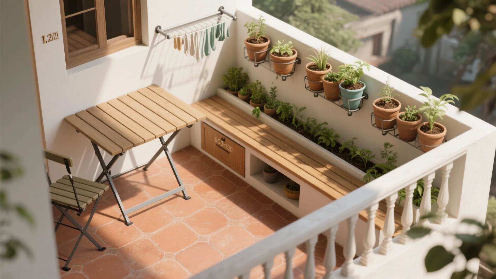 Multi-Use Utility Balcony with Herbs, Storage, and Seating