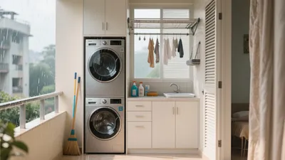 Compact Laundry Balcony Design with Stackable Washers
