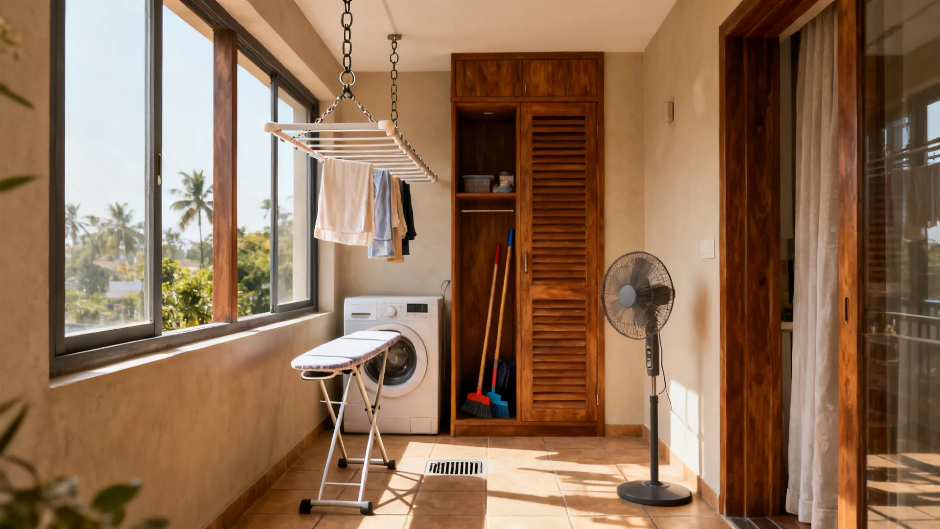 Compact utility balcony with ceiling rack, fold-down ironing board, and tall slatted storage cabinet.