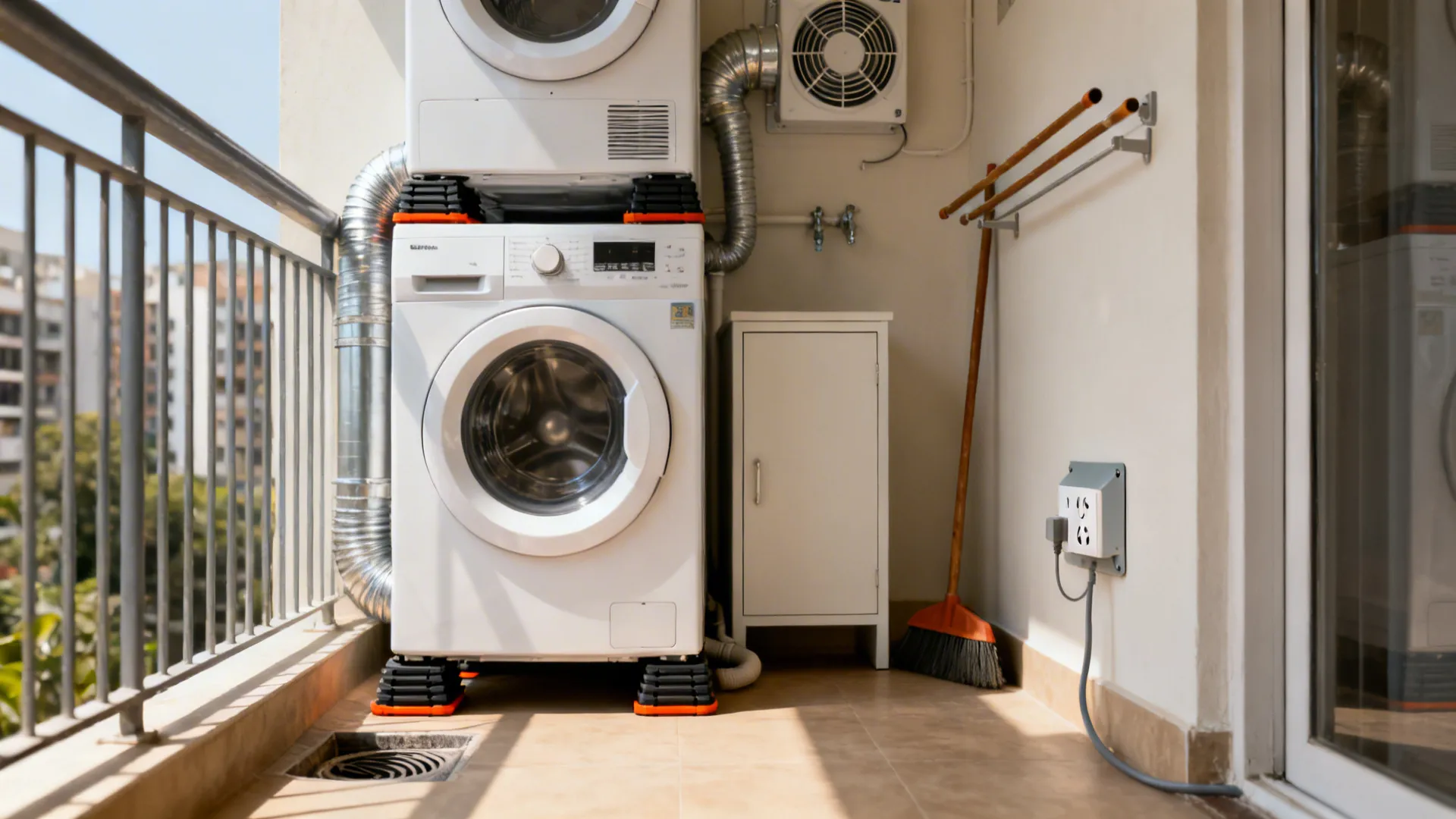 Indian apartment utility balcony with stacked laundry, exhaust, and sloped floor to a drain.
