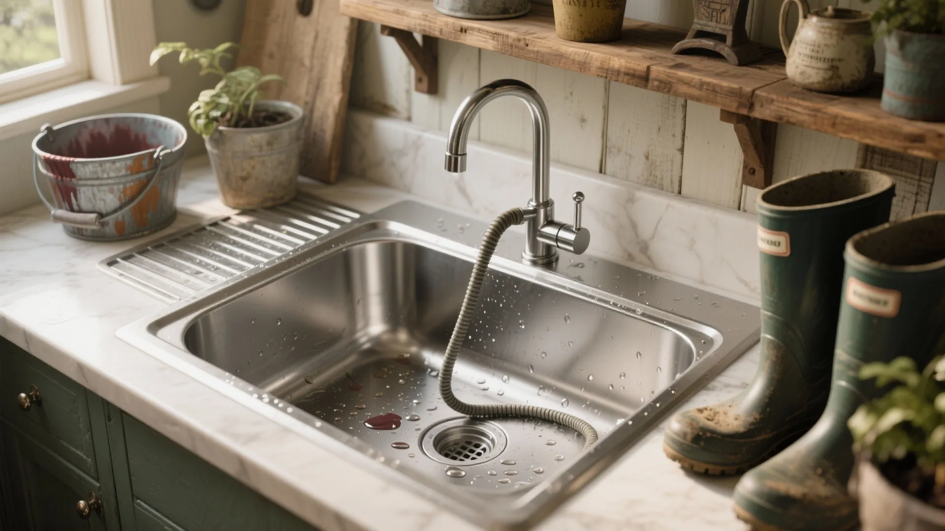 Stainless steel utility sink with a pull out hose next to garden boots and plants