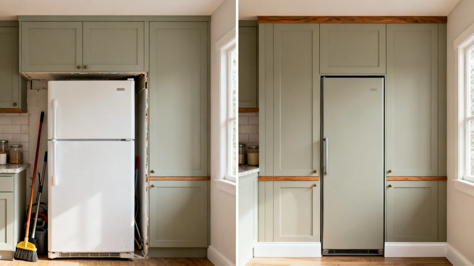 Before: exposed fridge and clutter; after: seamless tall unit with hidden fridge and utility bay.