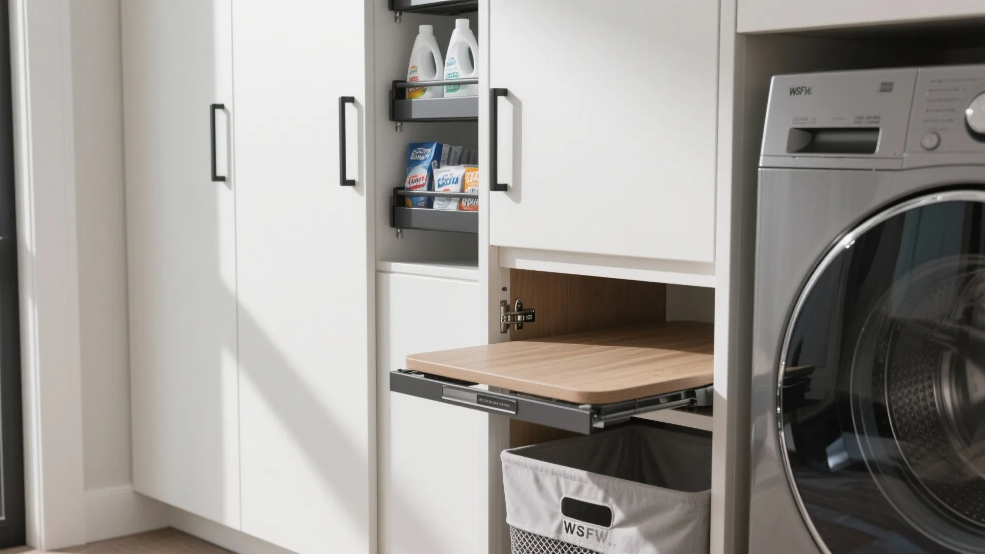3) A tall, skinny utility cabinet with smart pull-outs