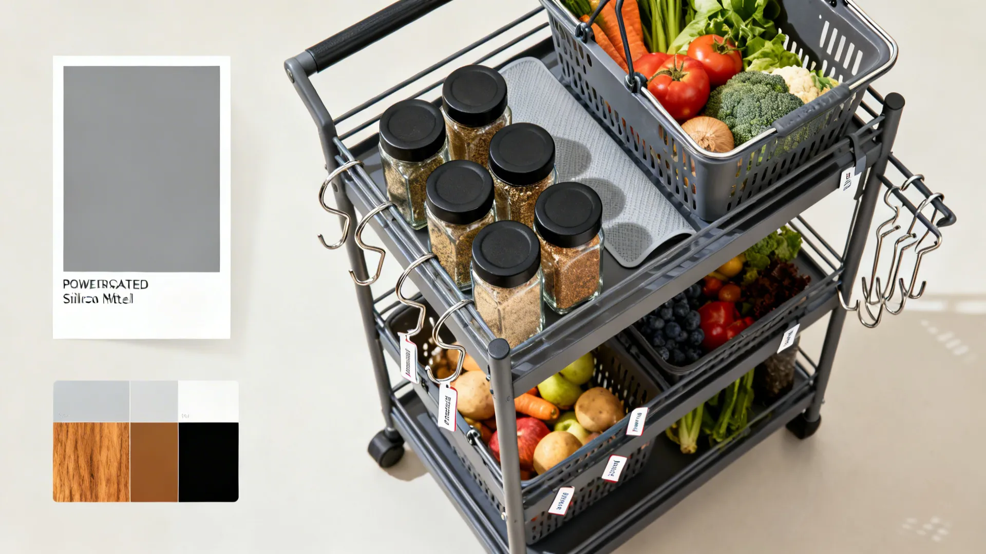 Grey rolling kitchen cart organized with glass spice jars vegetable baskets and design color samples