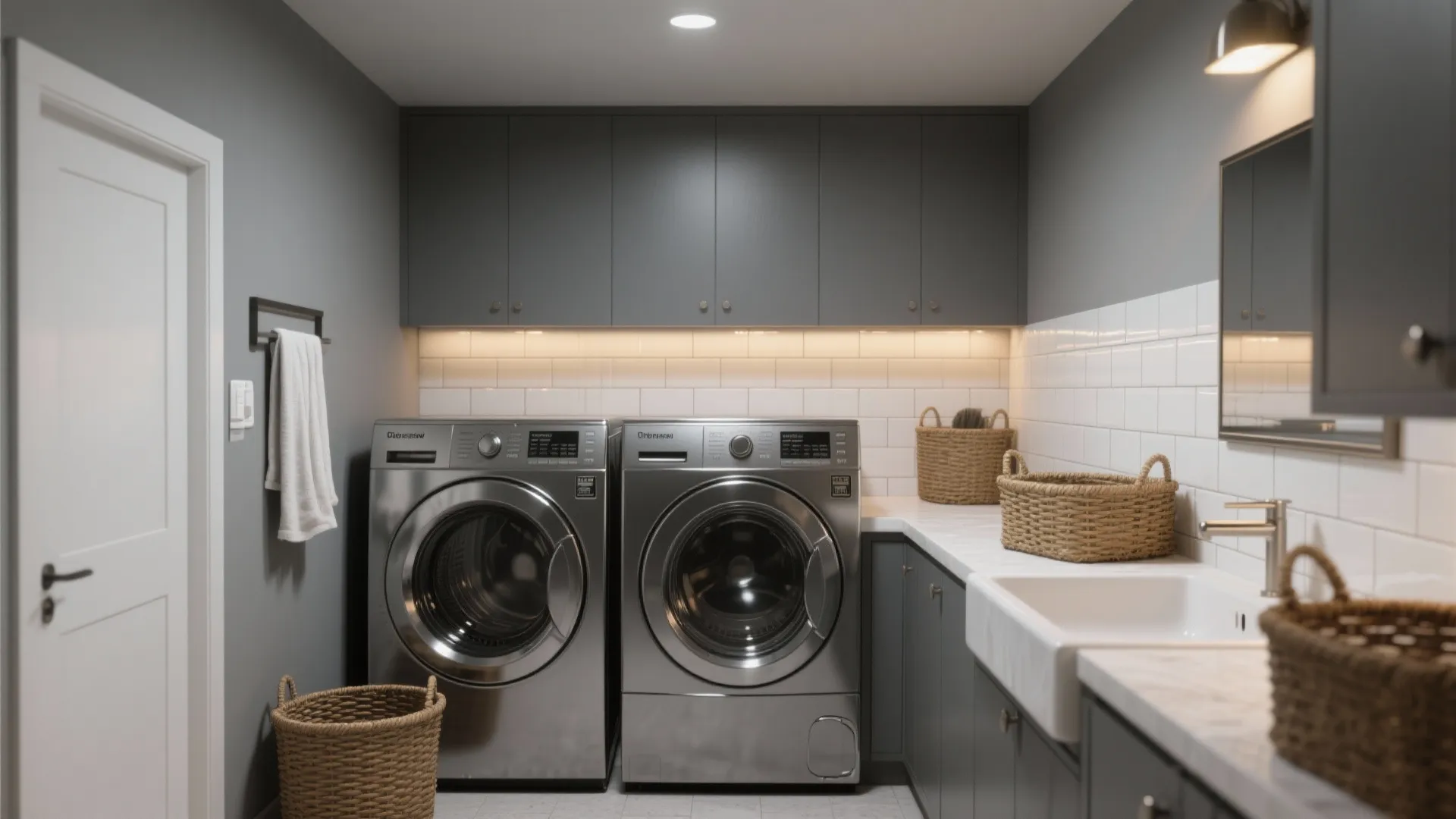 Modern laundry room with grey cabinets white tiles silver washing machines sink and woven baskets
