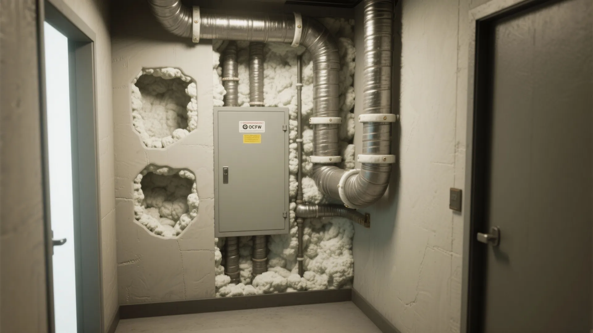 Utility room with metal pipes and electrical cabinet surrounded by thick white spray foam insulation