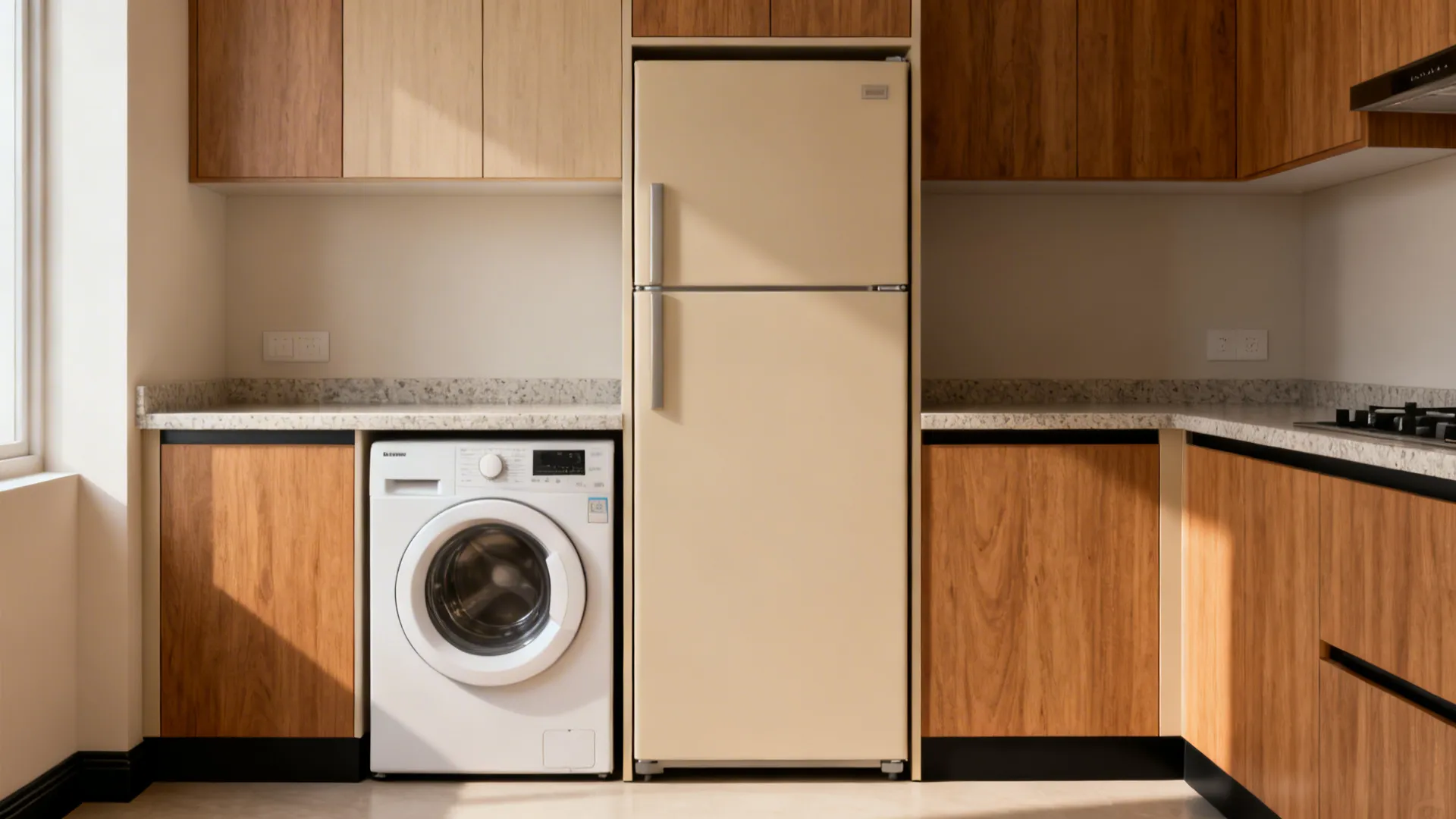 Vertical utility column with a front-load washer under quartz and a flush counter-depth fridge.