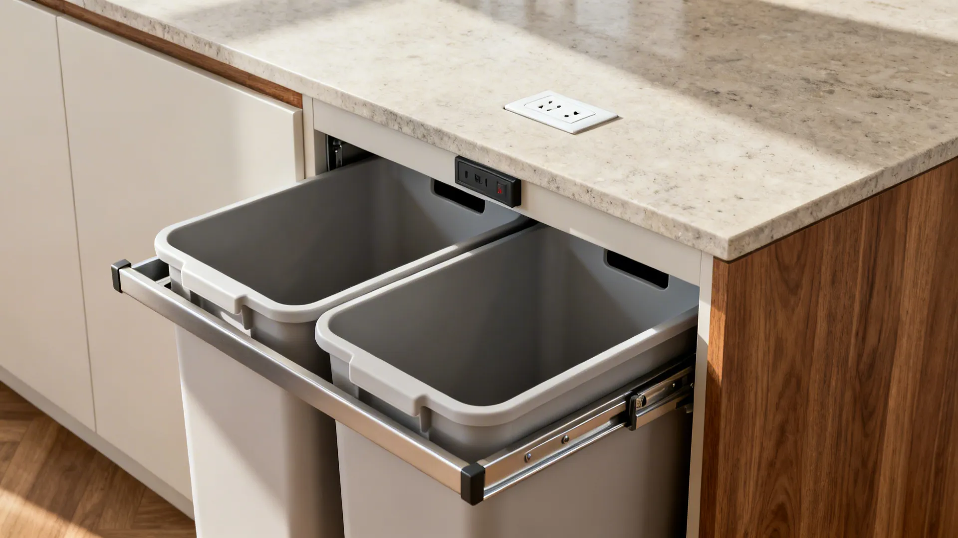Detail of island double-bin trash pull-out and pop-up power outlet.