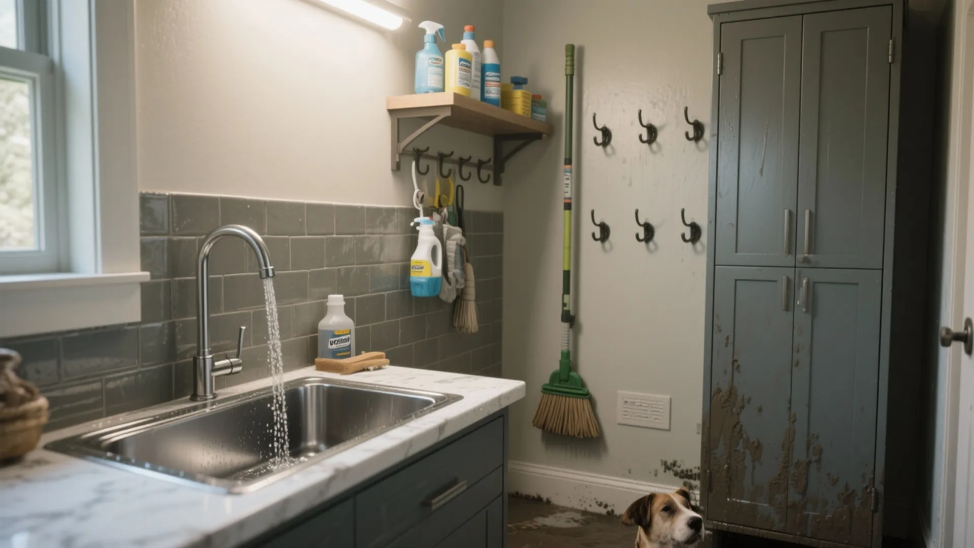 3. Sink, pet station, and mop garage — all-in-one utility corner