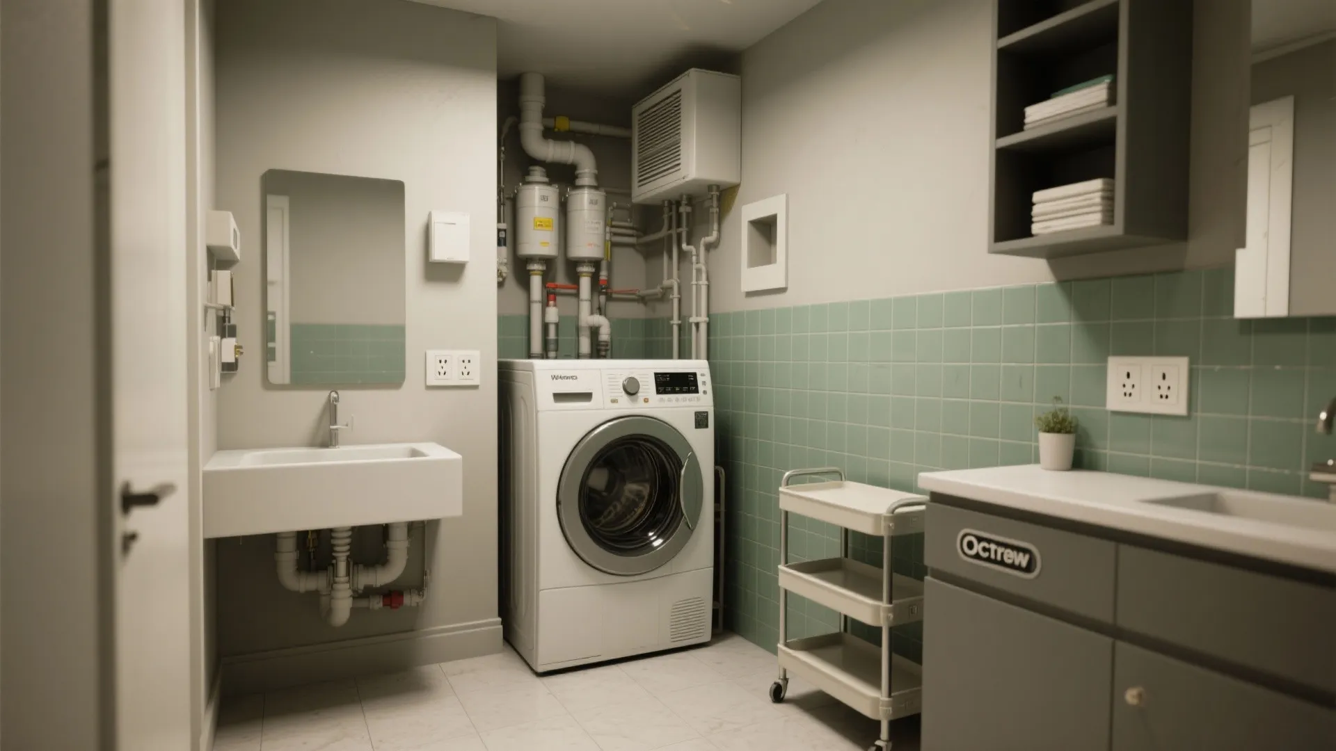 Functional laundry room with white washing machine sink green wall tiles storage cabinet and small trolley