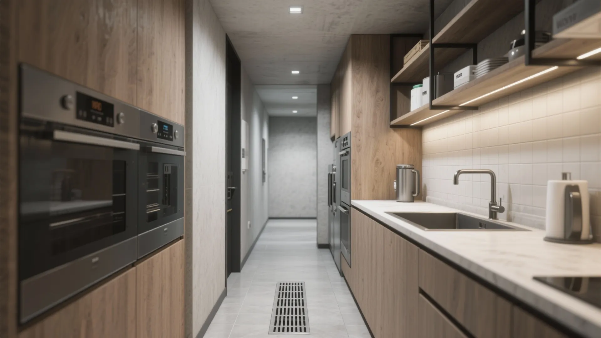 Modern narrow kitchen corridor featuring wooden cabinets built in ovens a small sink and ceiling lights