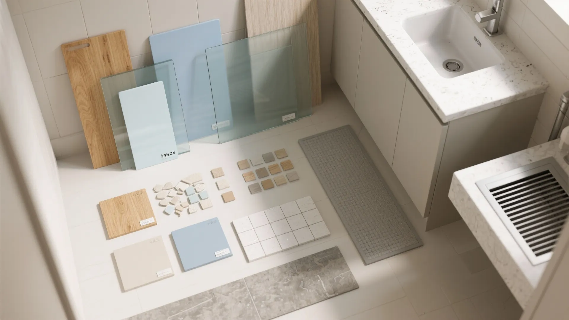 Interior design materials including wood tiles and glass panels organized on a white floor surface