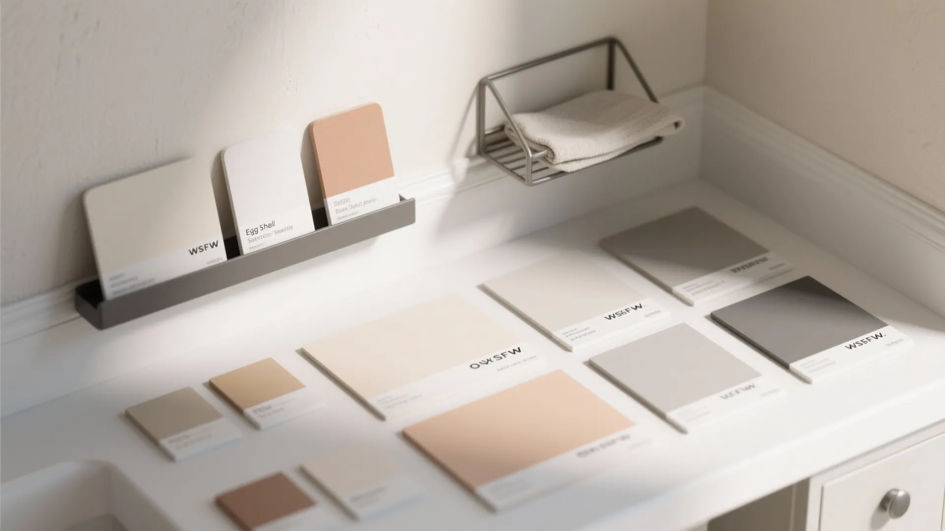 Collection of neutral paint color cards displayed on a white table with a small rack