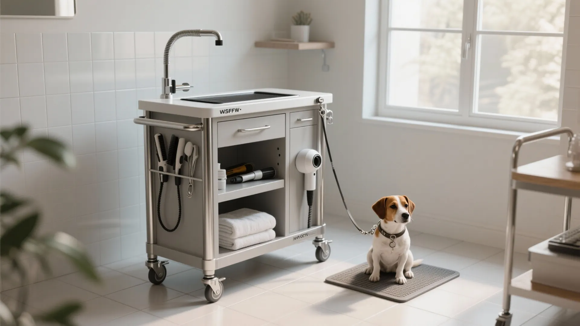 Mobile pet grooming station with sink faucet and hair dryer for washing and styling dogs