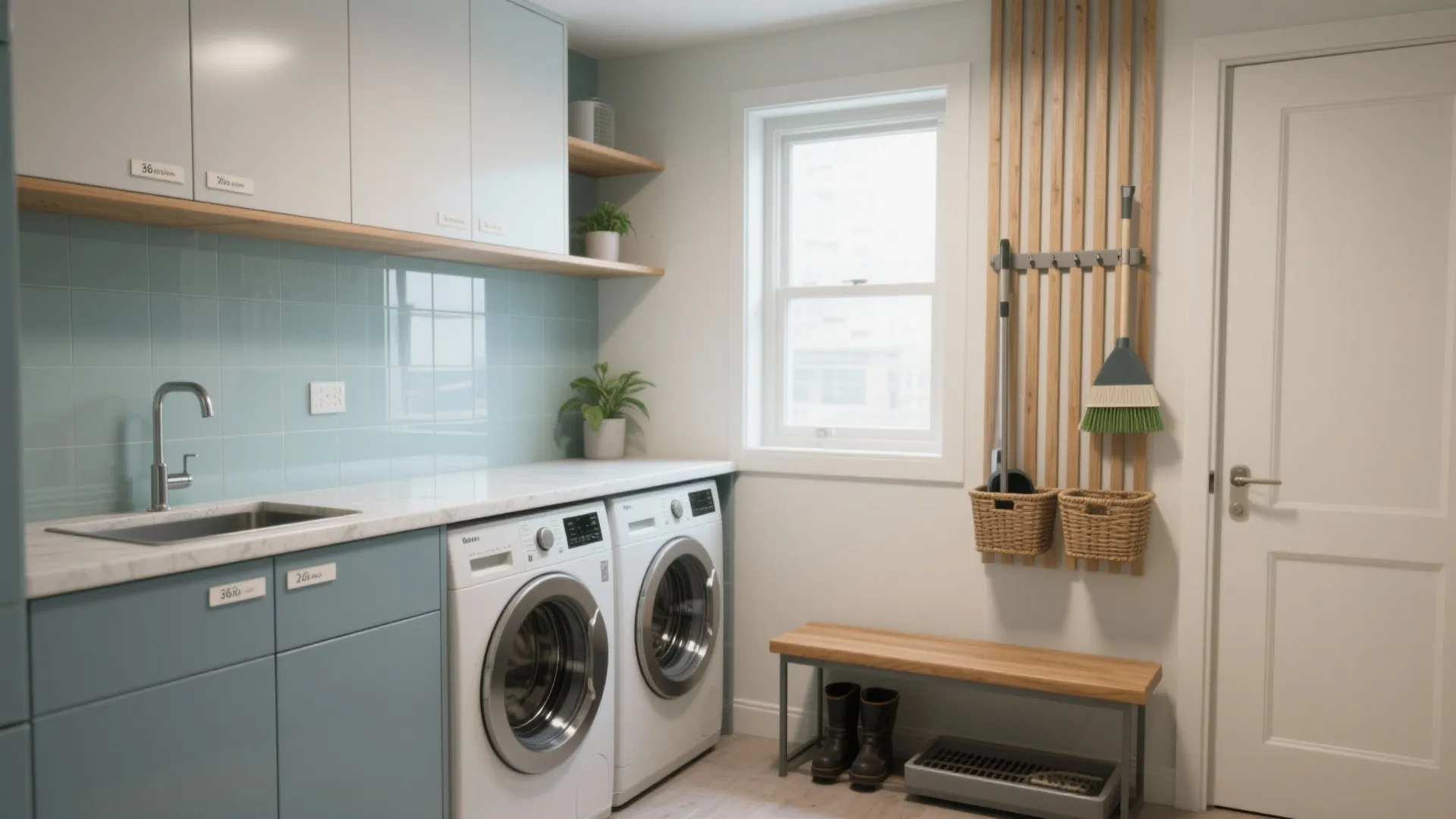 Modern laundry room with blue cabinets washing machine dryer wood bench window and wall storage