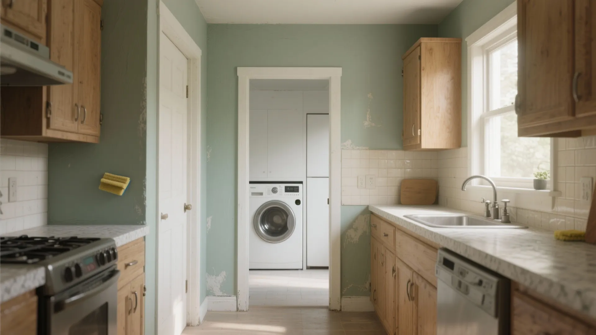 Small green kitchen with wood cabinets leading to a laundry room with a white washing machine